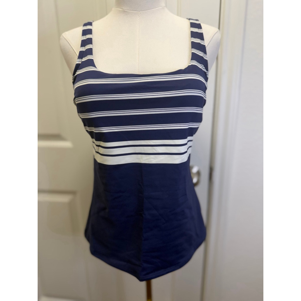 Lands’ End Square Neck Tankini Top Size 8 Navy Ivory Founders Stripe UPF 50
